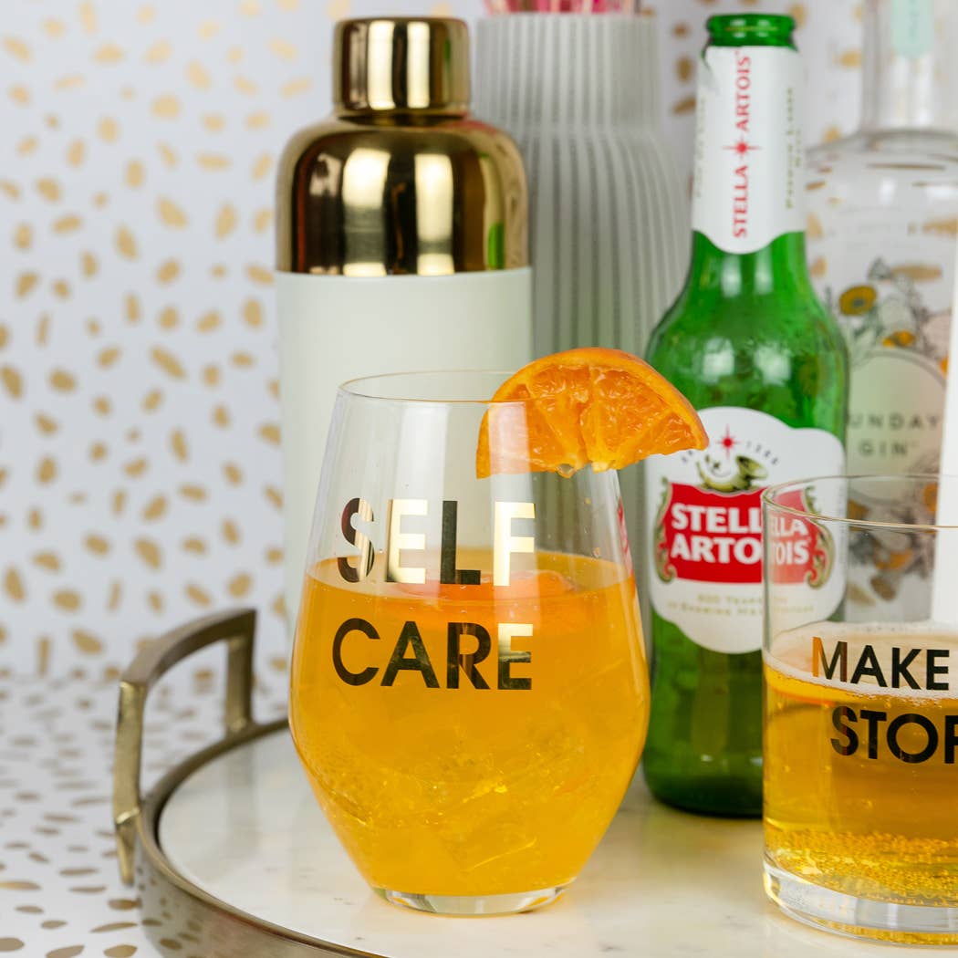 Chez Gagné – wholesale Wine glass – Self Care Wine Glass - Gold Foil Stemless Wine Glass2