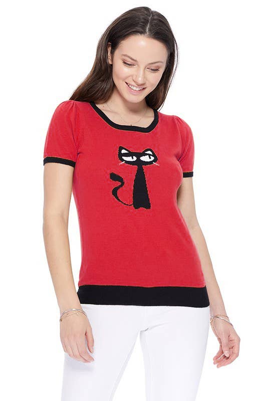 Mak - Wholesale Knit Sweater - Women's - Short Sleeve Crewneck Cat Print Casual T-Shirt Sweater18