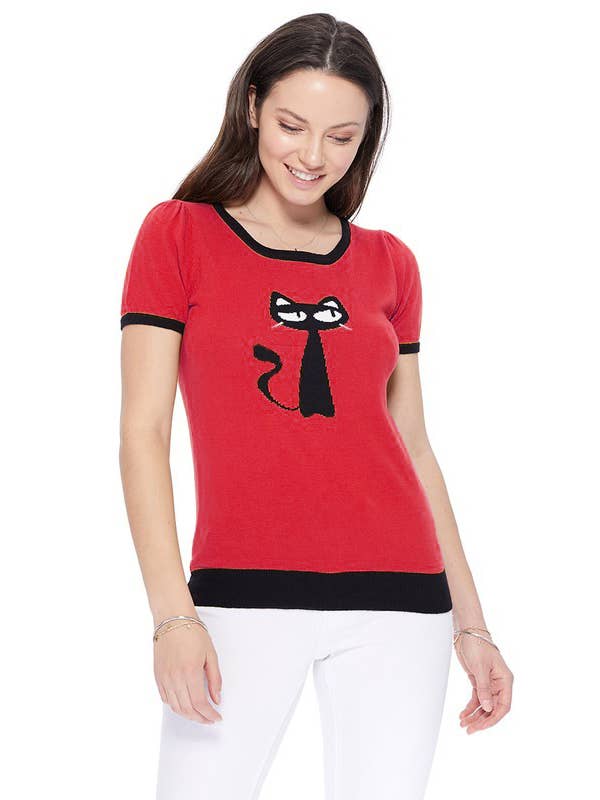 Mak - Wholesale Knit Sweater - Women's - Short Sleeve Crewneck Cat Print Casual T-Shirt Sweater18