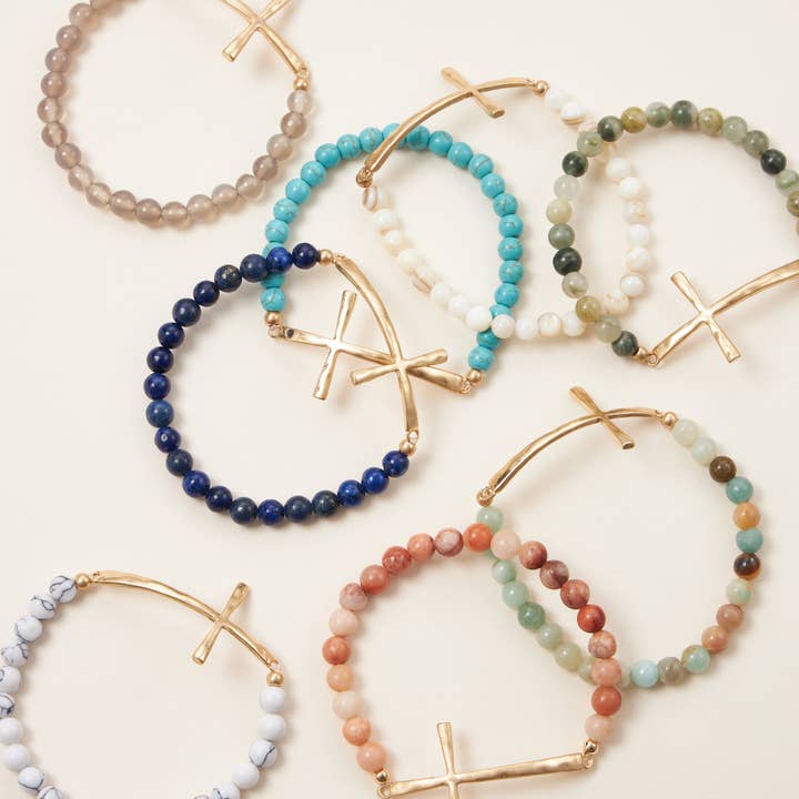 Lilla Haven - Wholesale Beaded Bracelet - Cross charm Stone beaded stretch bracelet