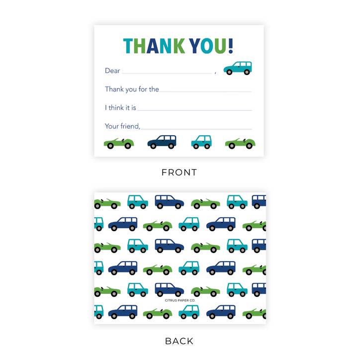 Citrus Paper Co, Inc. – wholesale Thank you card – Kids Fill-in-the-Blank Thank You Cards - Cars