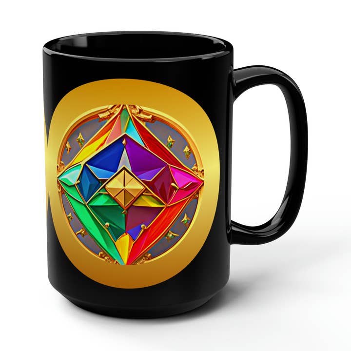Stained Glass Medallion on Black Mug, 15 oz for wholesale by Lilly's Artwork