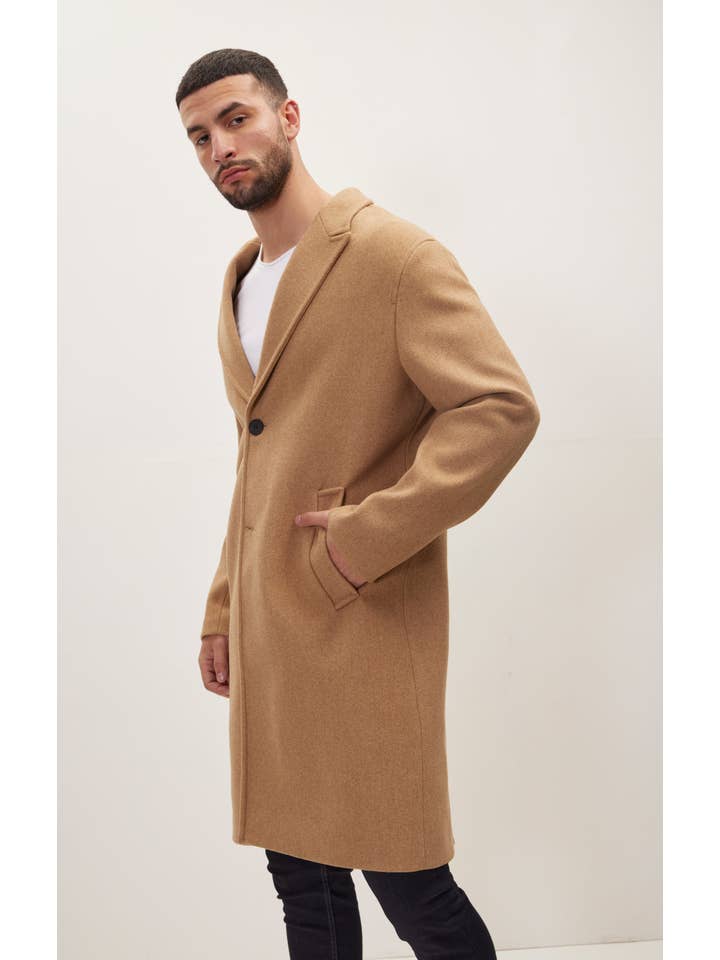 Men's Long Fitted Pea Coat With Notch Lapel - Camel for wholesale on Faire
