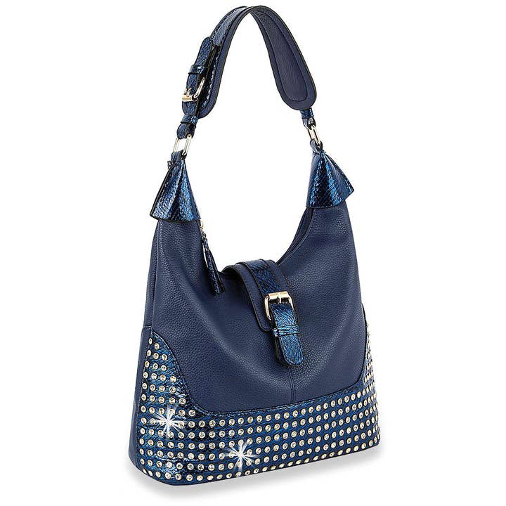 Bolsa Hobo decorativa com cristais e detalhes em estampa de pele de cobra por atacado de Handbag Express