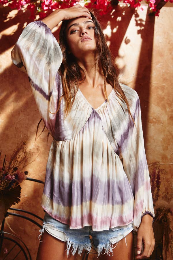 BLUSH CAMEL T1190-1C OUTLET SALE Ombre Lurex Chiffon Babydoll Blouse Top for wholesale on Faire5