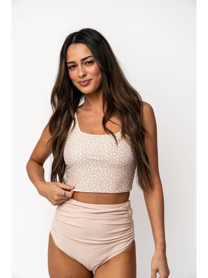Coral Reef Swim - Wholesale Swim Top - Women's - Tan Polka Dot Square Neck Swim Top