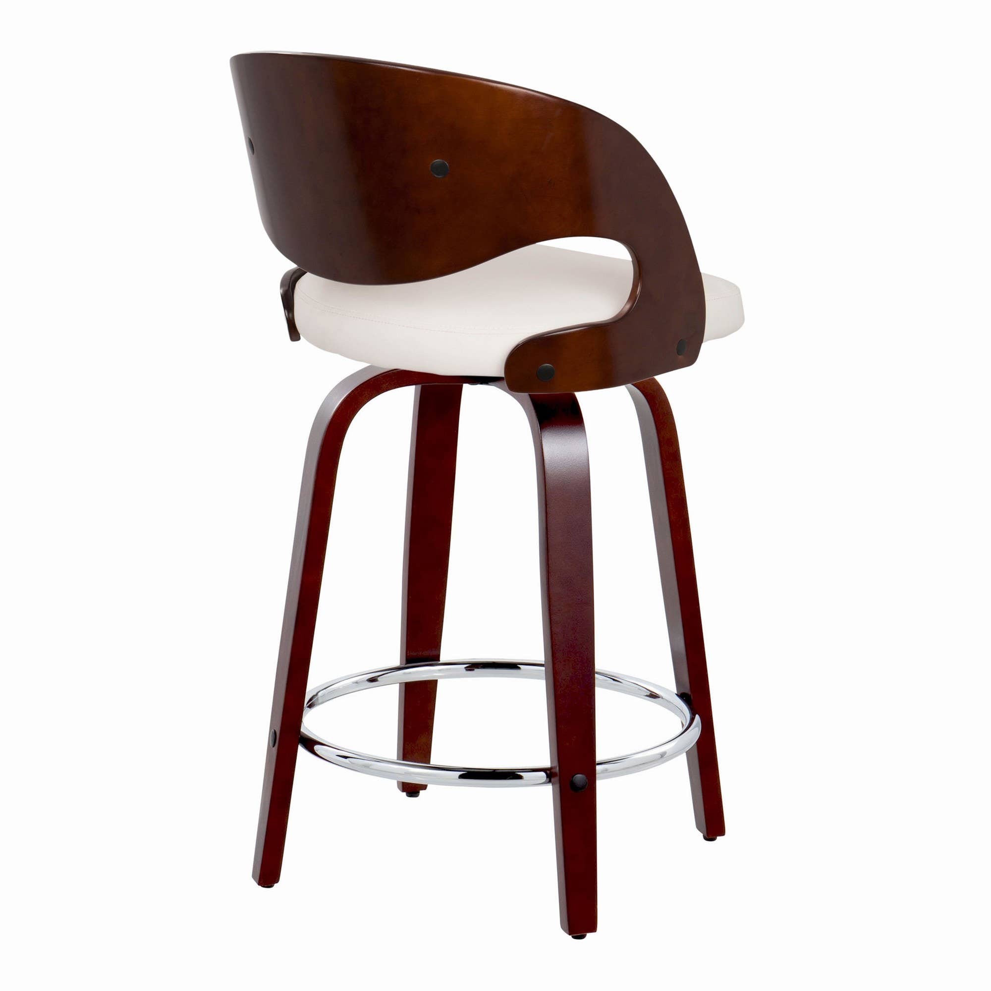Cherry Wood White PU Chrome Metal Pino 24" Fixed-Height Barstool - Set of 2 for wholesale on Faire3