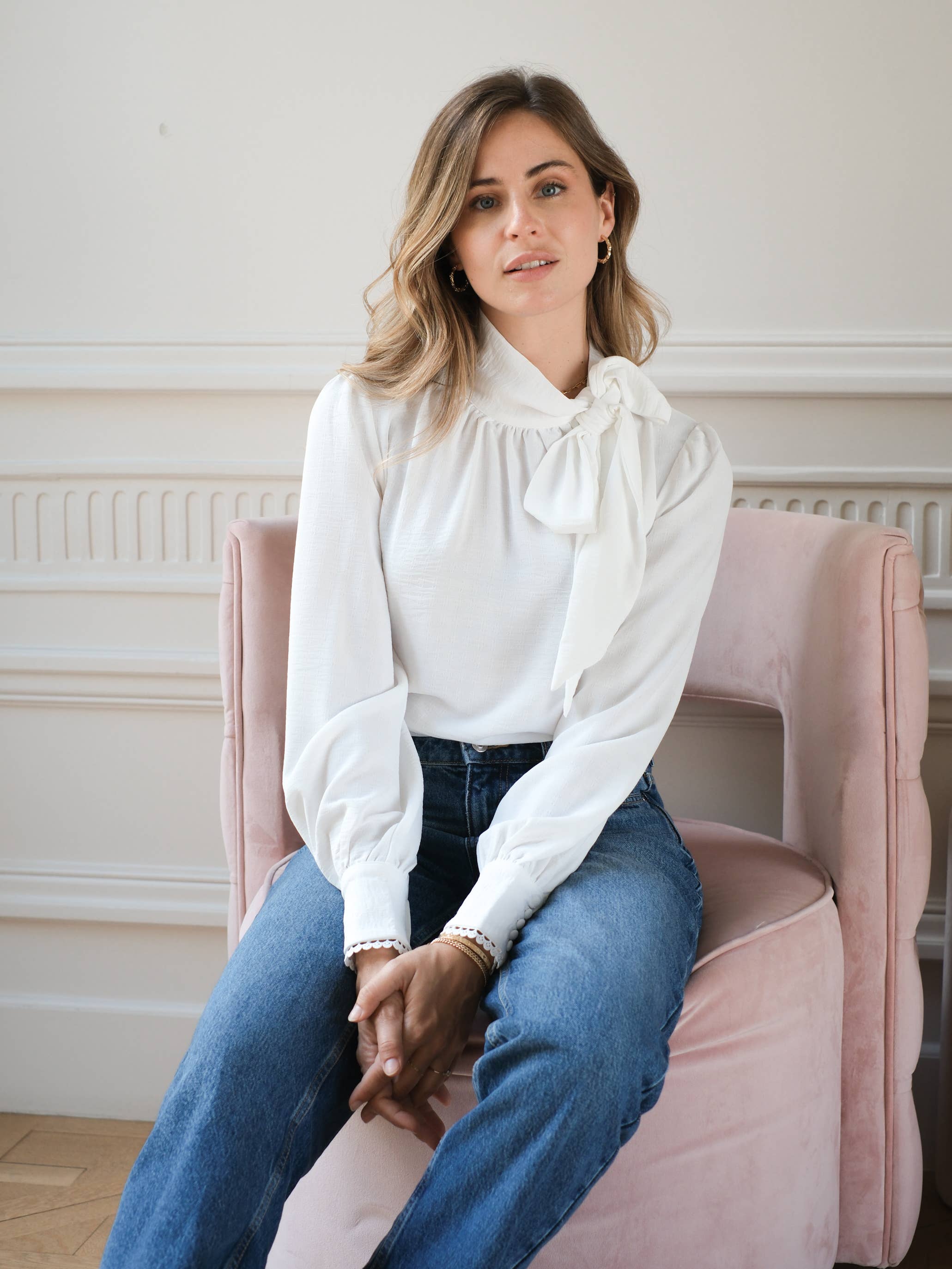 LOVIE & CO - Wholesale Blouse - Women's - Textured blouse with lavallière collar and open back - 4973T-MARGOT7