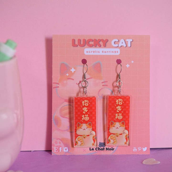Nekojima Studios - Wholesale Hangende/ronde oorbellen - Kawaii oorbellen van acryl Bob the Lucky Cat