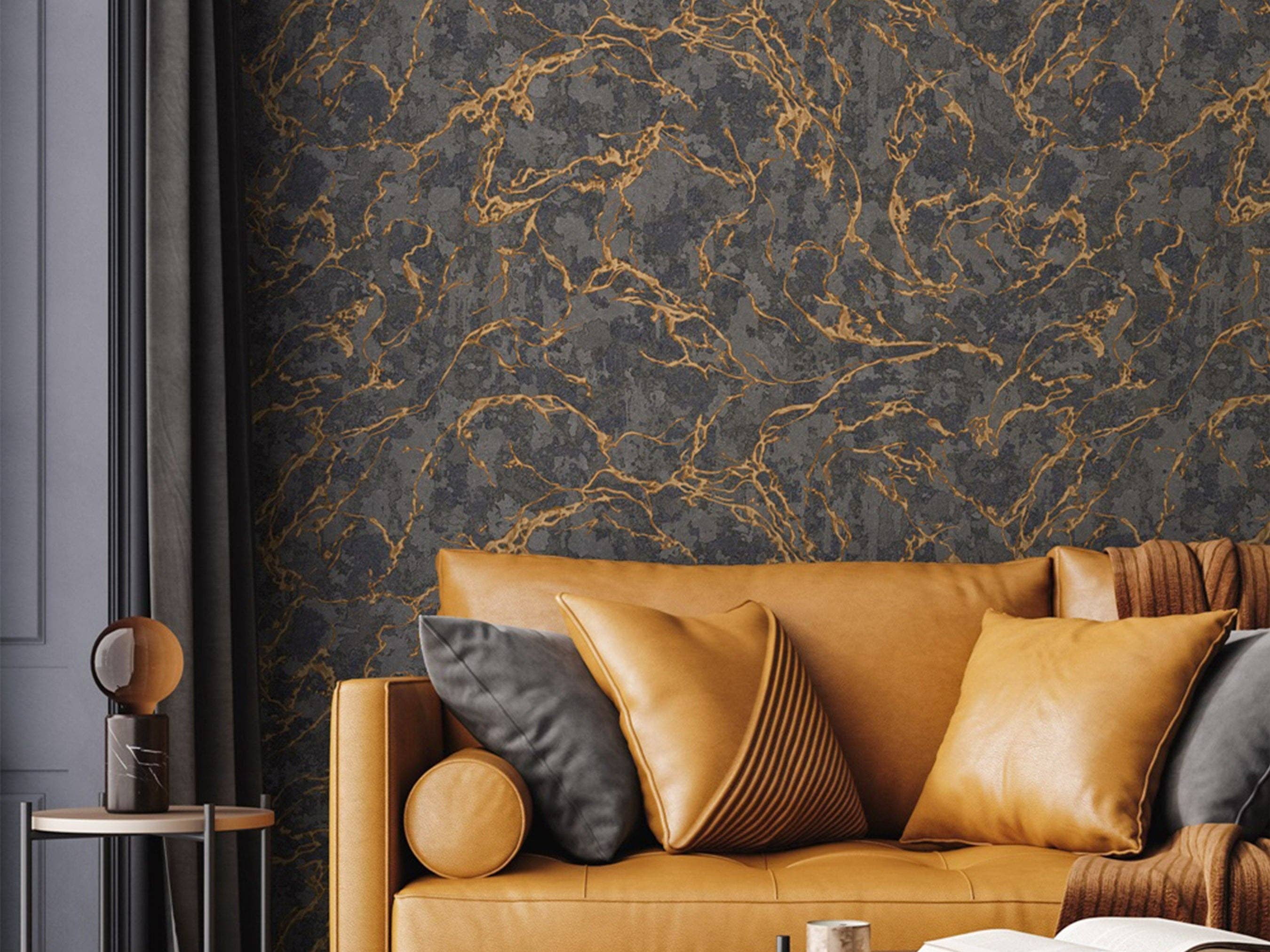 Walloro Luxury Embossed Wallpaper – Rolo de papel de parede por atacado – Belo papel de parede texturado preto com relevo profundo, ouro brilhante e tradicional, não colado, largo 178 pés quadrados rolo, lavável
