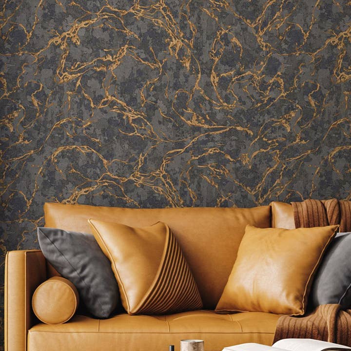 Walloro Luxury Embossed Wallpaper – Rolo de papel de parede por atacado – Belo papel de parede texturado preto com relevo profundo, ouro brilhante e tradicional, não colado, largo 178 pés quadrados rolo, lavável0