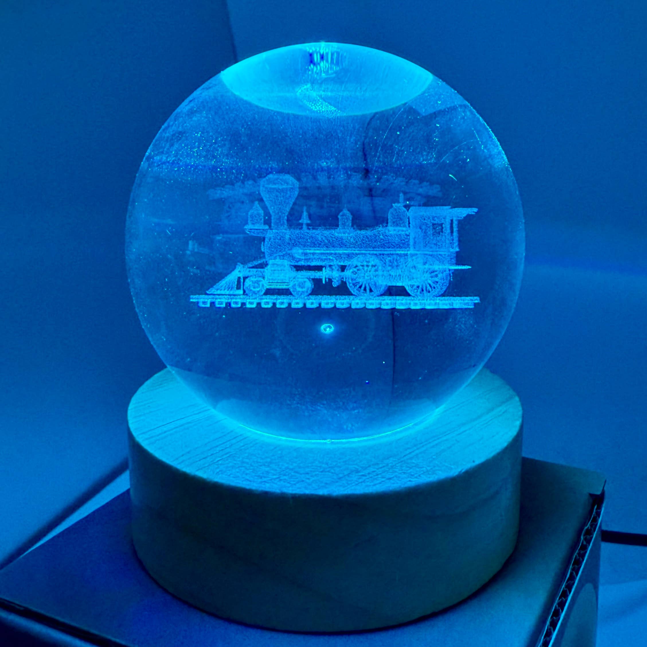 29 Tonight - Wholesale Decorative Tabletop Object - LIGHT-UP 3D 60mm Laser etched glass with wood base TRAIN1