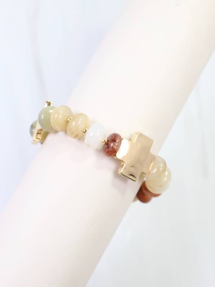 Berkeley Stone Beaded Cross Bracelet Natural for wholesale by Caroline Hill