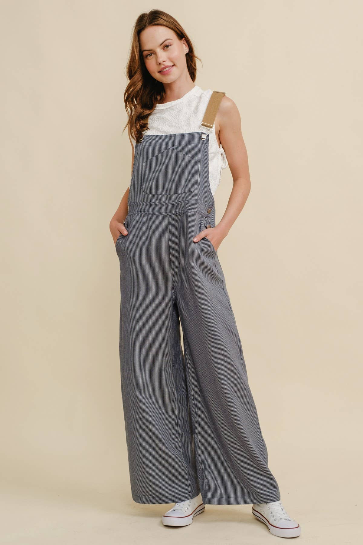 Navy CR19032A - STRIPED CONTRAST STRAP COLOR OVERALL JUMPSUIT for wholesale on Faire5