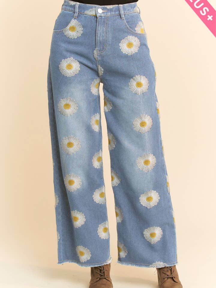 PLUS DAISY POCKET WIDE OPENING DENIM PANTS JEANS for wholesale on Faire