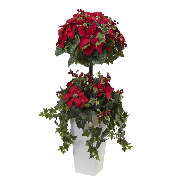 4’ Poinsettia Berry Topiary w/Decorative Planter for wholesale by Silk Flower Depot