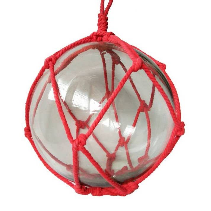 Hampton Nautical - Wholesale Decorative Tabletop Object - Clear Japanese Glass Ball Fishing Float with Red Netting Decoration 12"