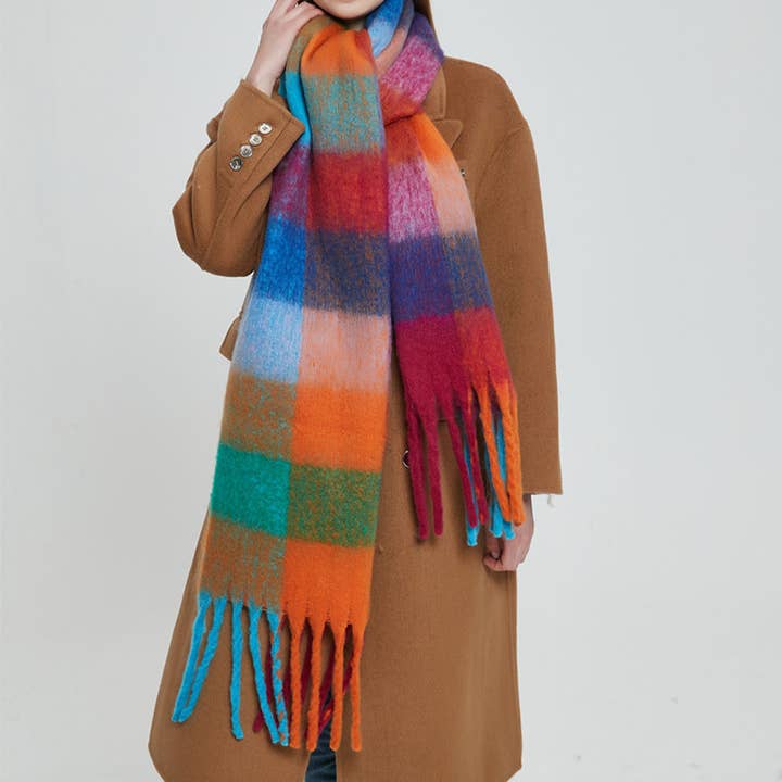 Rainbow Plaid Fuzzy Scarf--Thick Winter Shawl Wrap_CWASC1051 for wholesale by ACCITY
