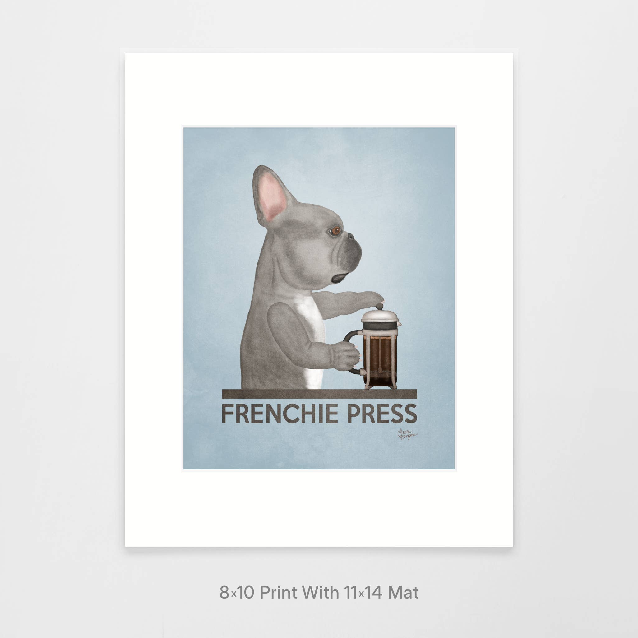 Laura Bergsma Studio – Engroshandel Kunsttryk – Fransk Bulldog Kunst Print, Frenchie Press, Blå m/BRN øje1