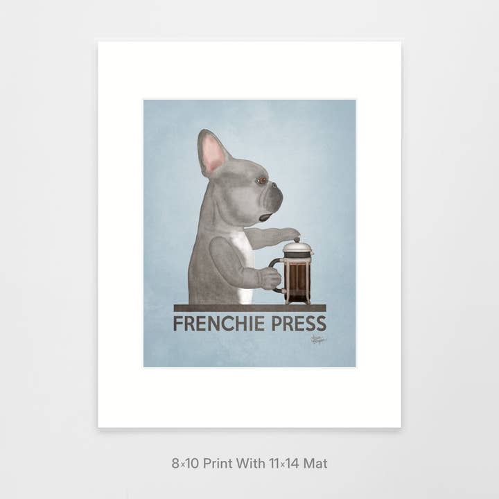 Laura Bergsma Studio – Engroshandel Kunsttryk – Fransk Bulldog Kunst Print, Frenchie Press, Blå m/BRN øje1