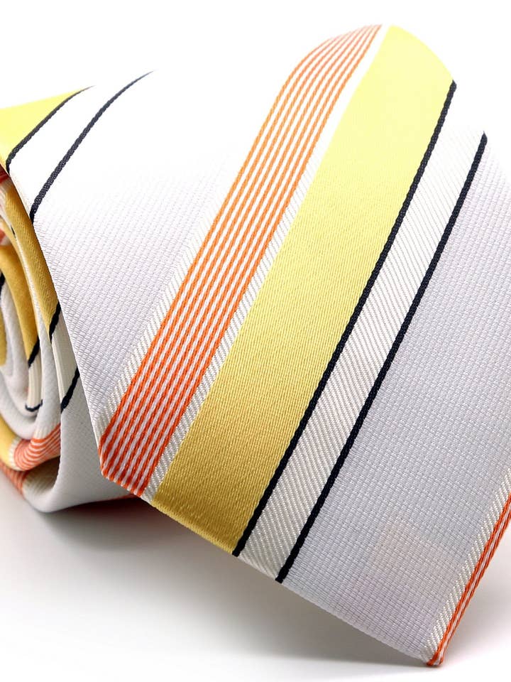 Ensemble cravate et mouchoir décontracté à motif rayé jaune classique pour hommes Dads EO-11 pour la vente par Ferrecci