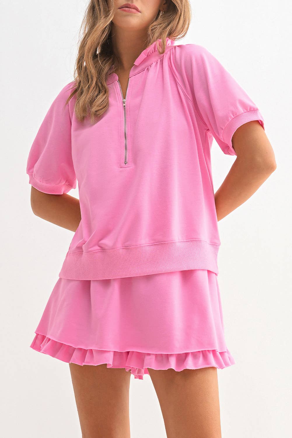 Aapparella - Wholesale Lounge Set - Women's - Pink  Zip Front Puff Sleeve Top & Ruffled Shorts Set | S-XL5