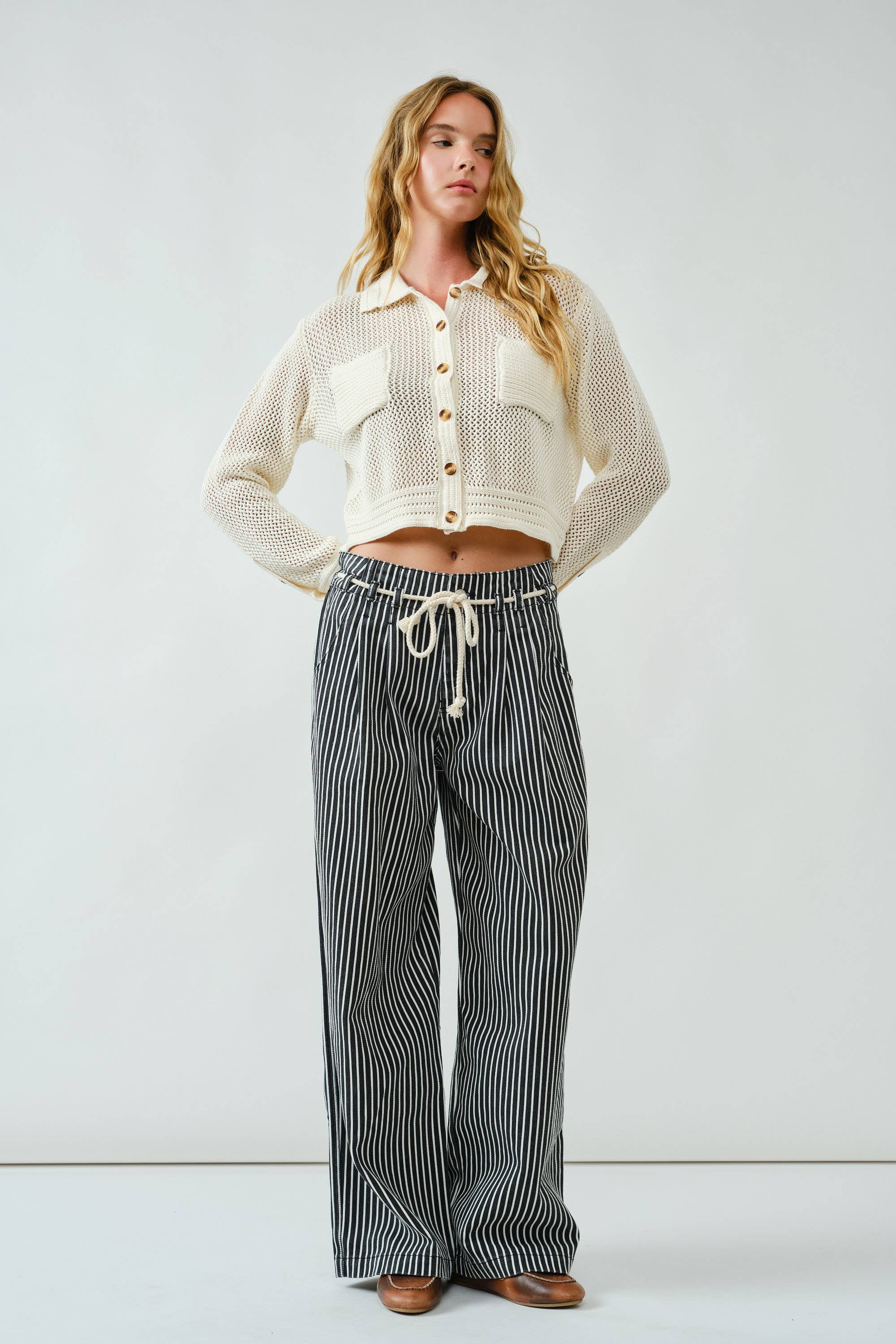 Aaron & Amber - Wholesale Pants - Women's - MAP3311 STRIPE WIDE LEG PANTS WITH ROPE BELT15