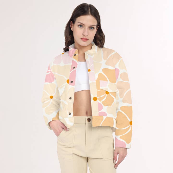 Retro Hibiscus quiltet jakke for engroshandel hos The Cozyy Affair