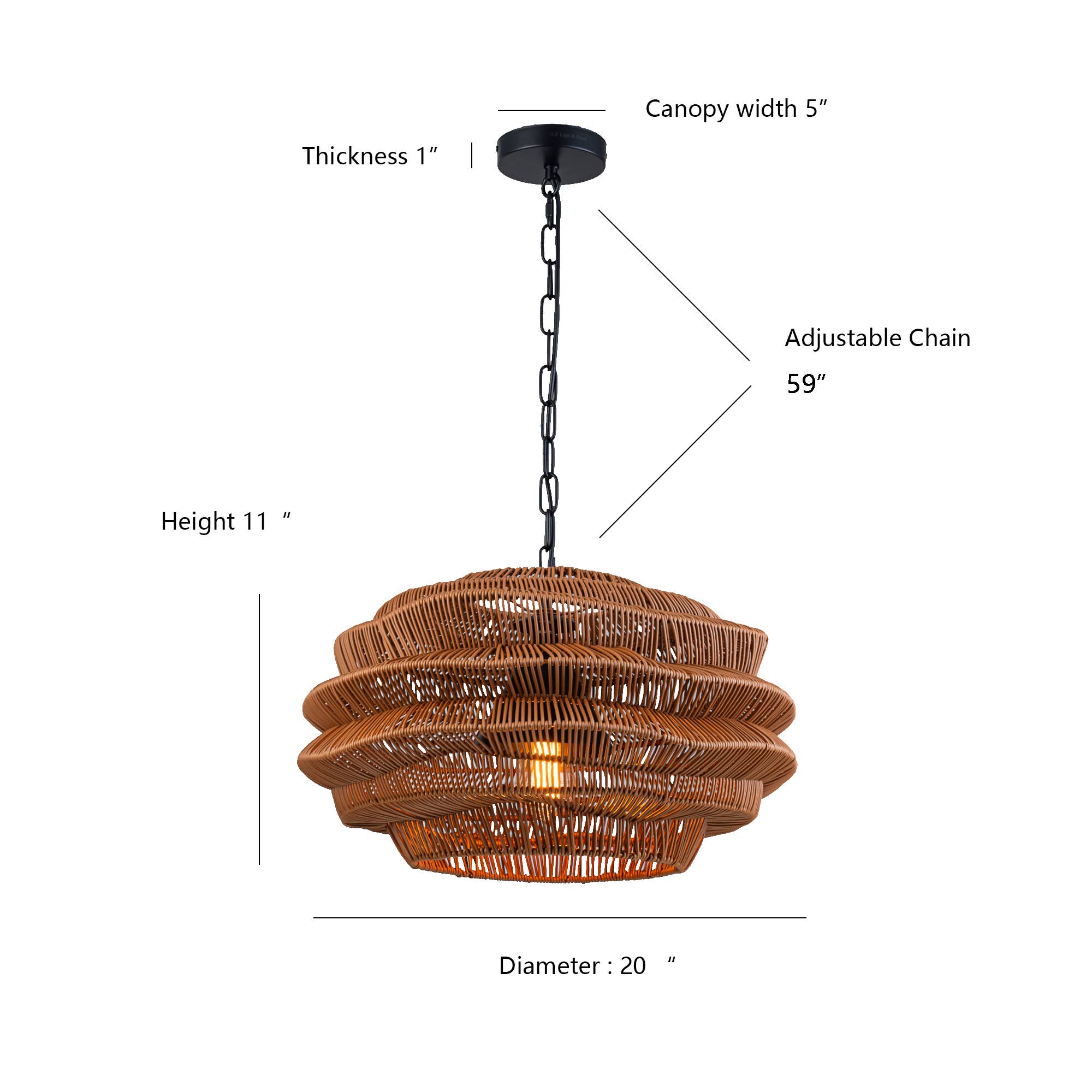 ELE Light & Decor - Vente Lustre/Suspension - Suspension en rotin côtier d'extérieur à 1 lumière avec abat-jour marron2