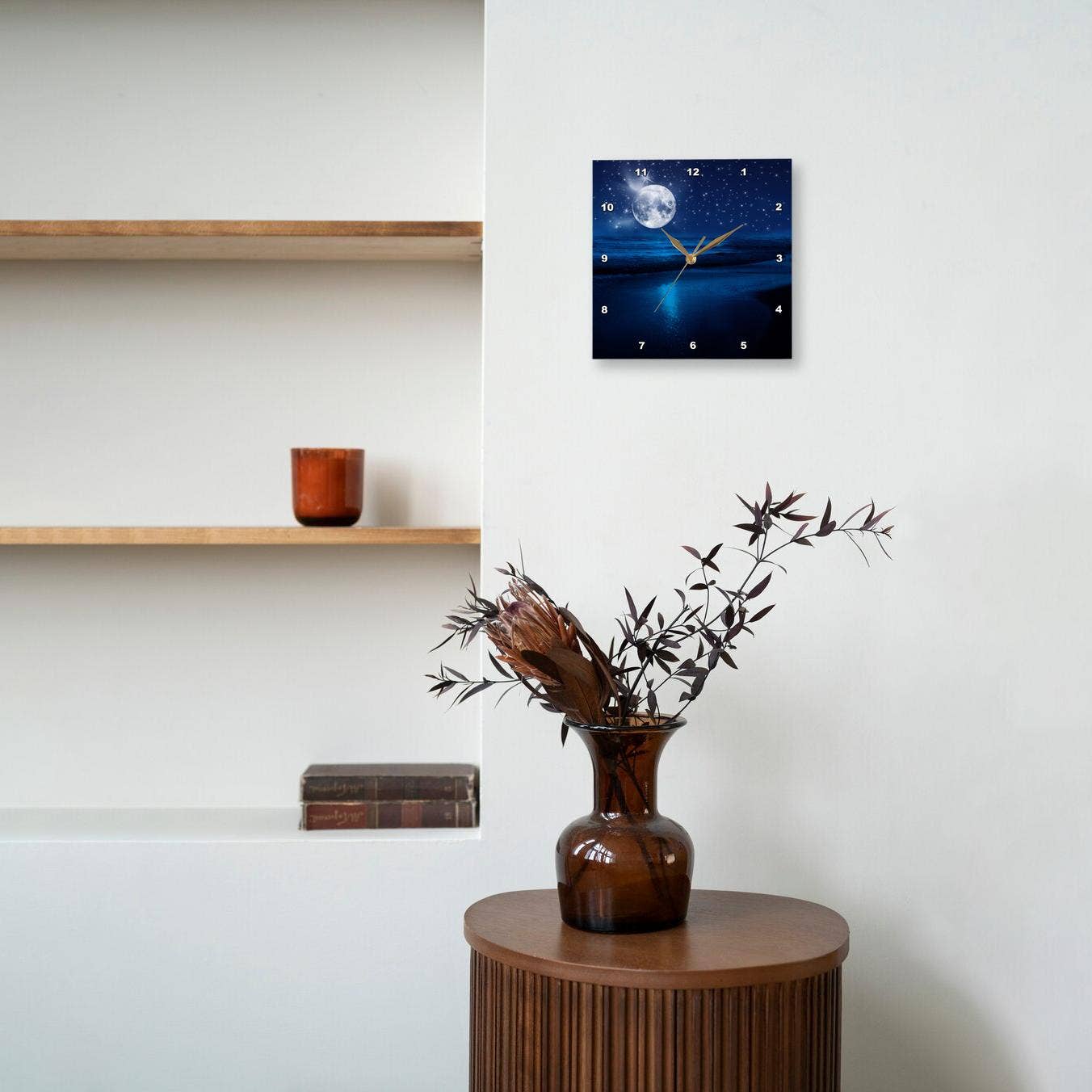 3dRose - Wholesale Wall Clock - 3dRose, Full moon shining in a starry sky on the beach where the ocean meets land., Wall Clock5