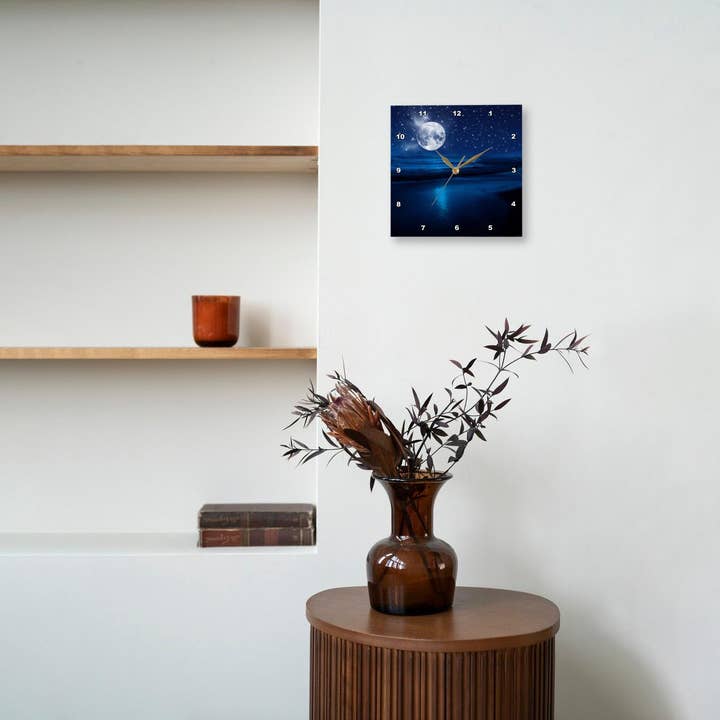 3dRose - Wholesale Wall Clock - 3dRose, Full moon shining in a starry sky on the beach where the ocean meets land., Wall Clock5