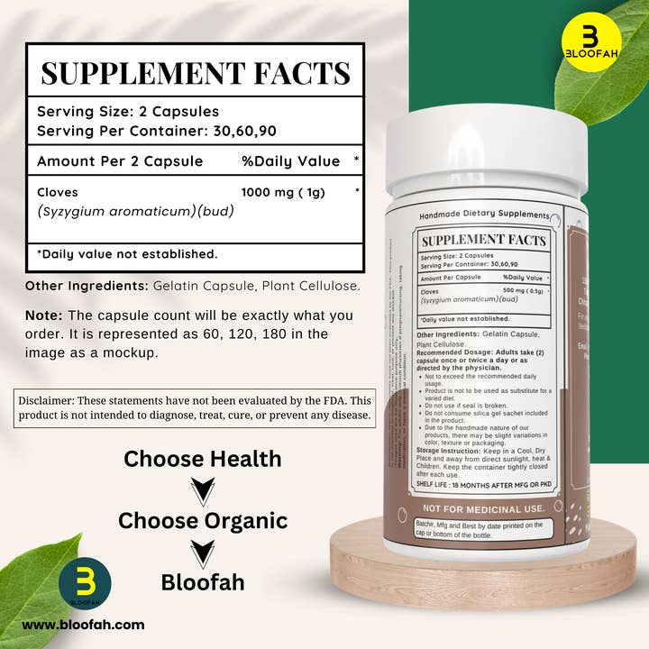 Bloofah - Venta al por mayor Suplementos/vitaminas para beber - Cápsulas de Clavo Bloofah 1000mg por Porción | (Syzygium aromaticum) Polvo de Clavo Natural, 100% Puro, No OGM, Suplemento de Clavo para Uso Diario que Apoya el Bienestar y la Salud General