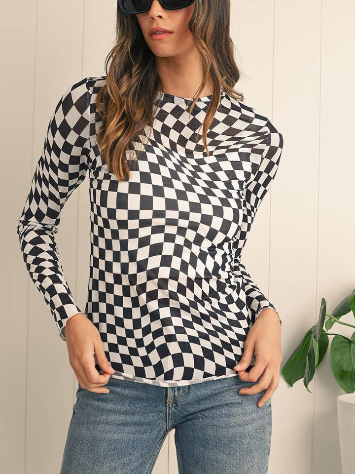 Top a maniche lunghe in rete con motivo a scacchi nero per la vendita all'ingrosso da parte di EG fashion