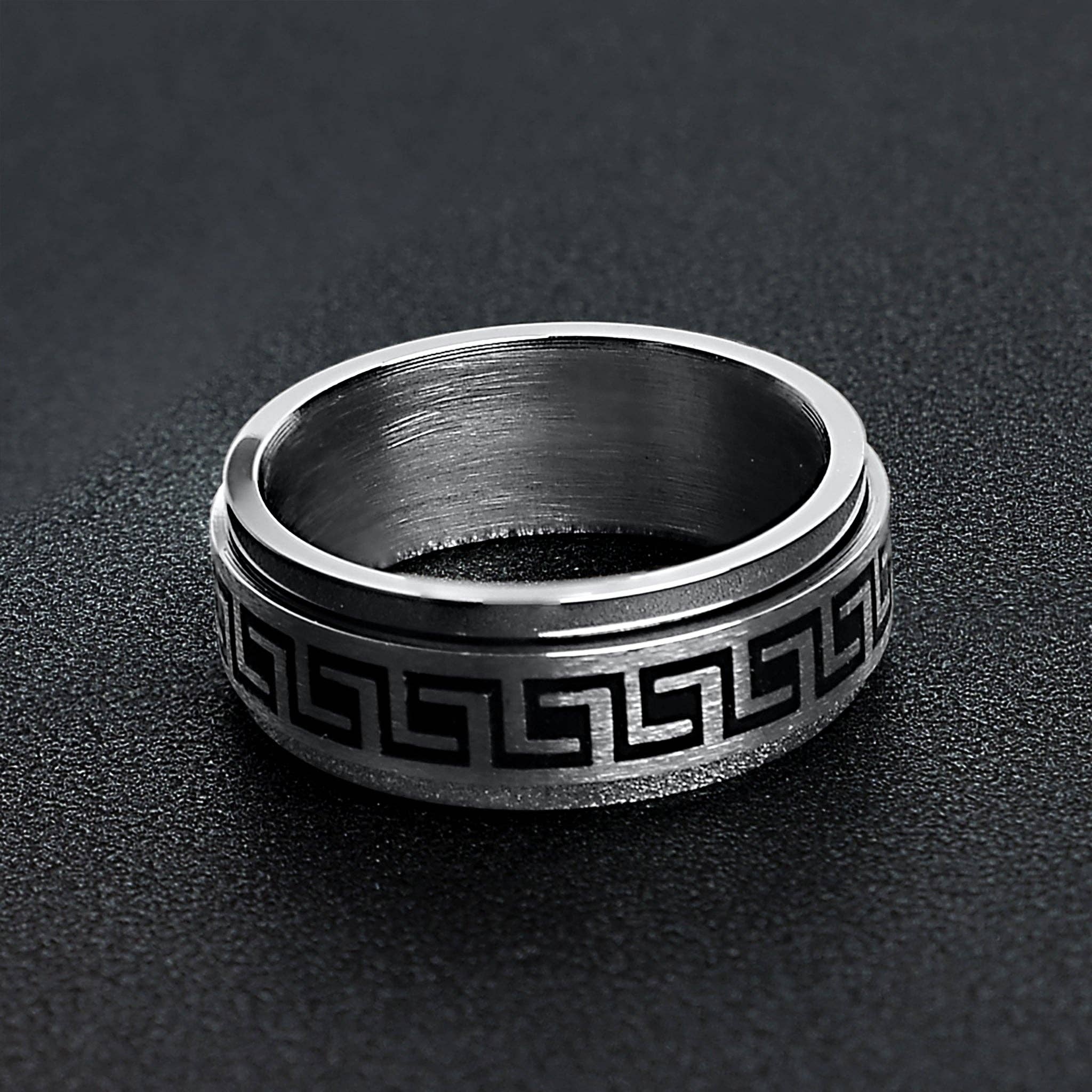 WJW - Wholesale Band/Stacked Ring - Black Greek Key Spinner Center Polished Stainless Steel Ring2