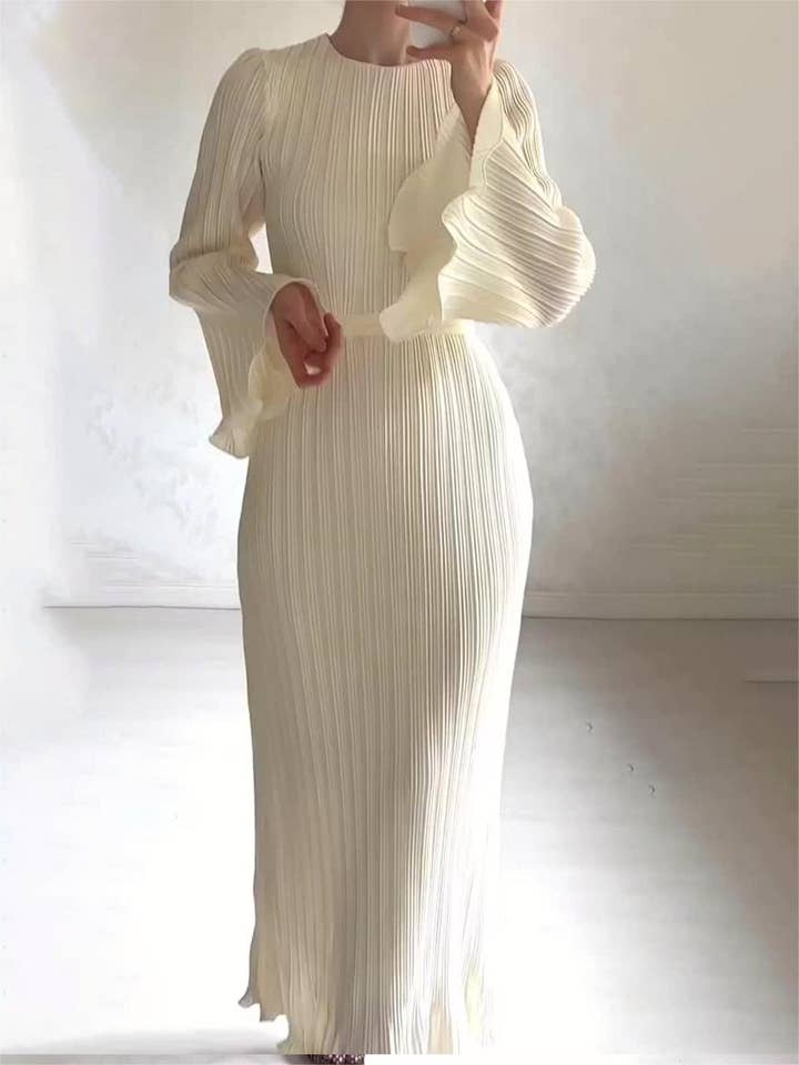 Rosa Clothing - Wholesale Dress - Women's - Long-sleeved pleated elegant maxi dress