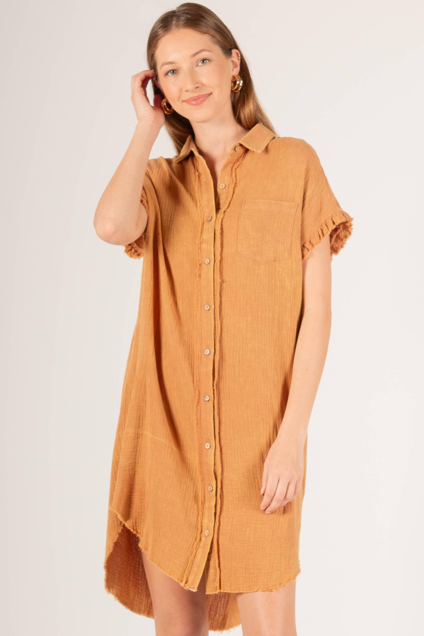 Before You Collection - Wholesale Dress - Women's - Washed Gauze Raw Edge Shirt Dress14