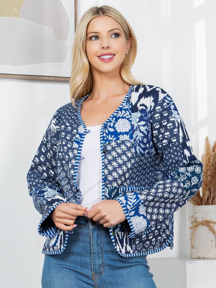 Floral Print Quilted Patch Cotton Jacket - Blue for wholesale by LA Soul