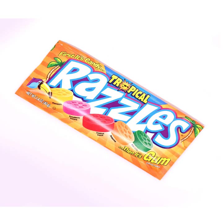 Razzles Tropical Flavor Candy Gum 24 Count 1.4 ounce for wholesale by Long Island Candy Factory