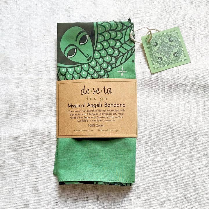 Deseta Design - Wholesale Bandana - Unisex - Mystical Afro Angels Ethiopian-Inspired Bandana - Green2