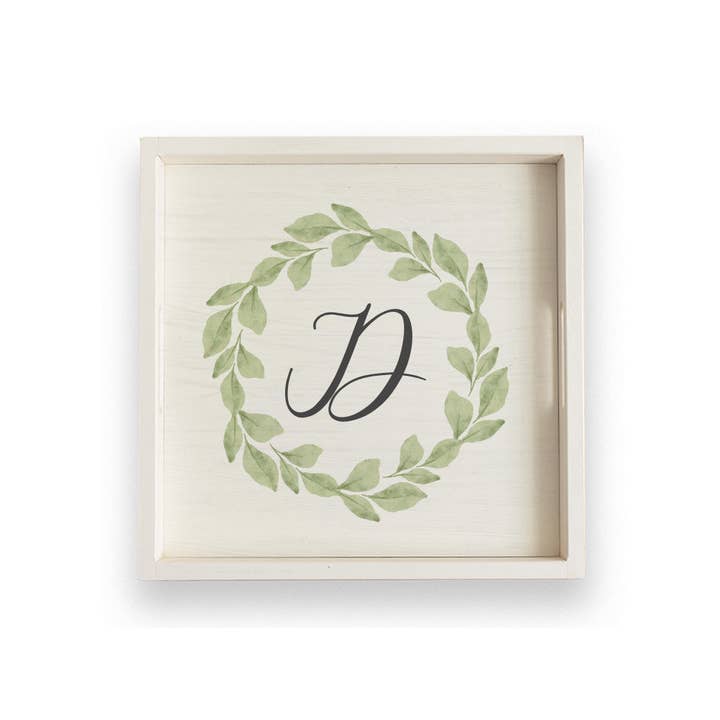 Single Letter Green Leaves Personalized Wooden Serving Tray for wholesale by Rustic Marlin