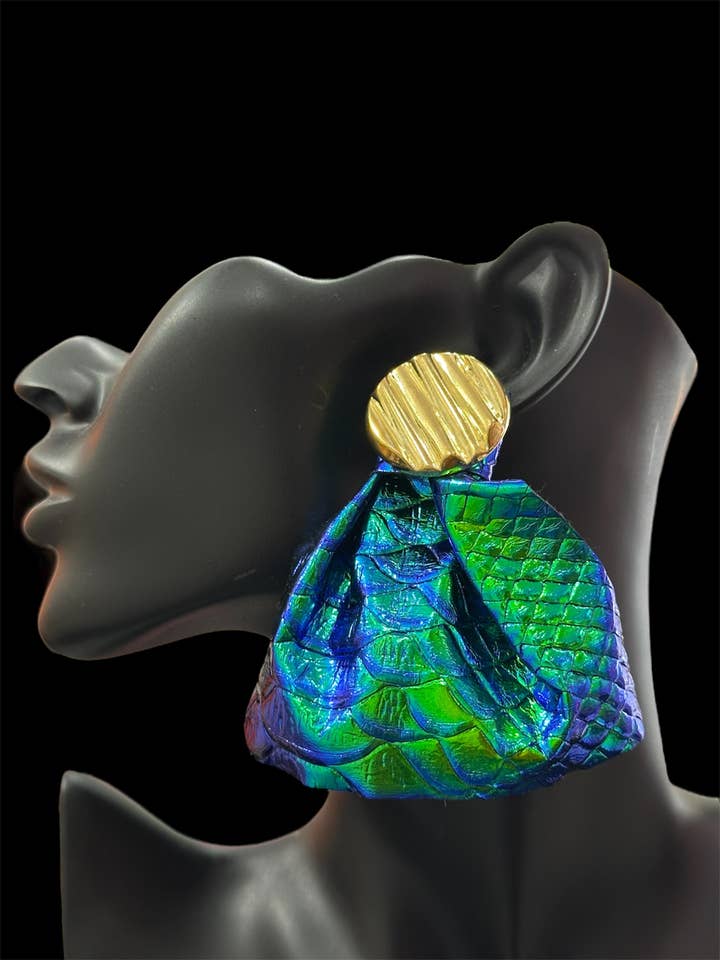 Trendy Statement Blue Green Gold Ruffle Bold Earrings for wholesale by Designed By Risha