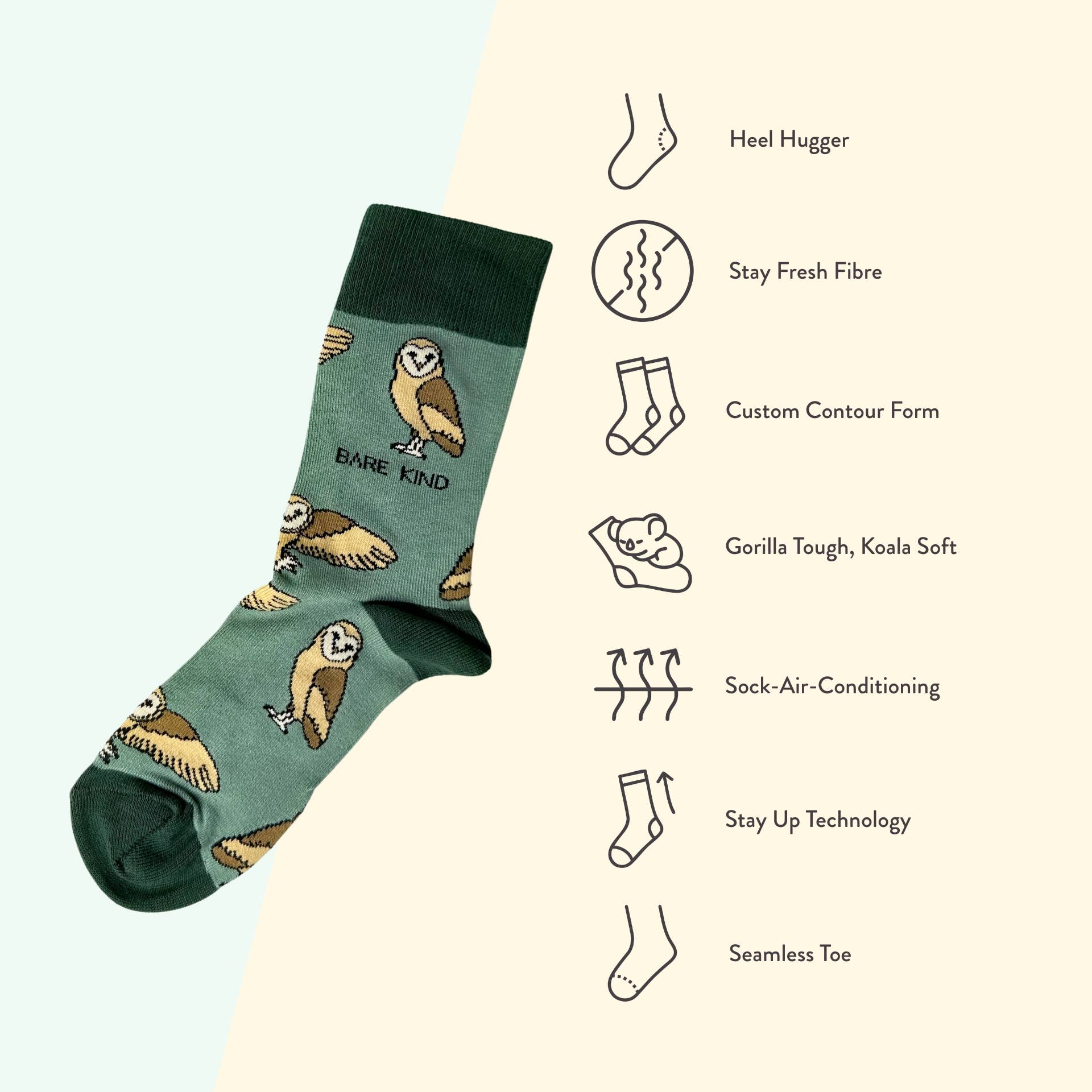 Bare Kind Socks – wholesale Socks – Unisex – Barn Owl Socks | Bamboo Socks | Green Socks | Farm Socks6