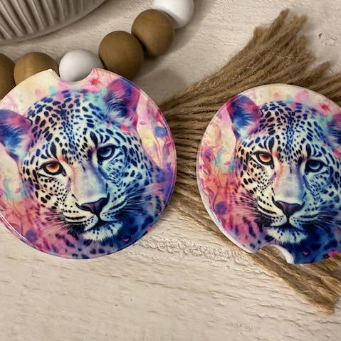 Sæt med keramiske bilunderlag med livlige leoparder for engroshandel hos Dogwood Graphics & Design