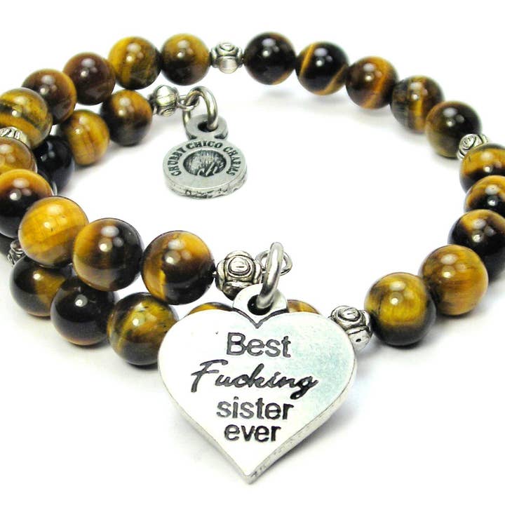 Best F*cking Sister Ever Tiger's Eye Wrap Bracelet Sisters for wholesale by Chubby Chico Charms