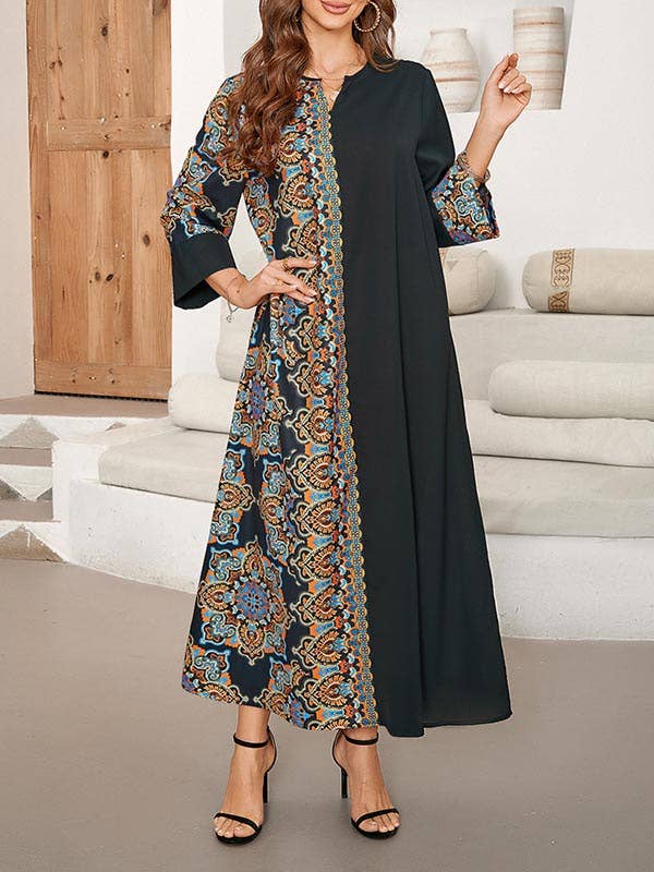BLACK Loose Muslim Printed Midi Dresses for wholesale on Faire2