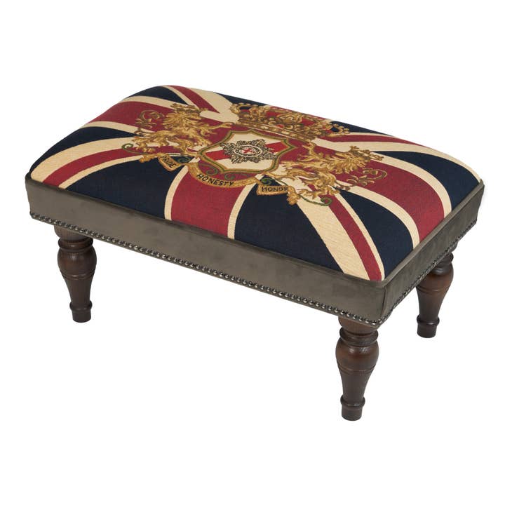 Union Jack Crest Upholstered Stool with Velvet Sides for wholesale by Hines of Oxford