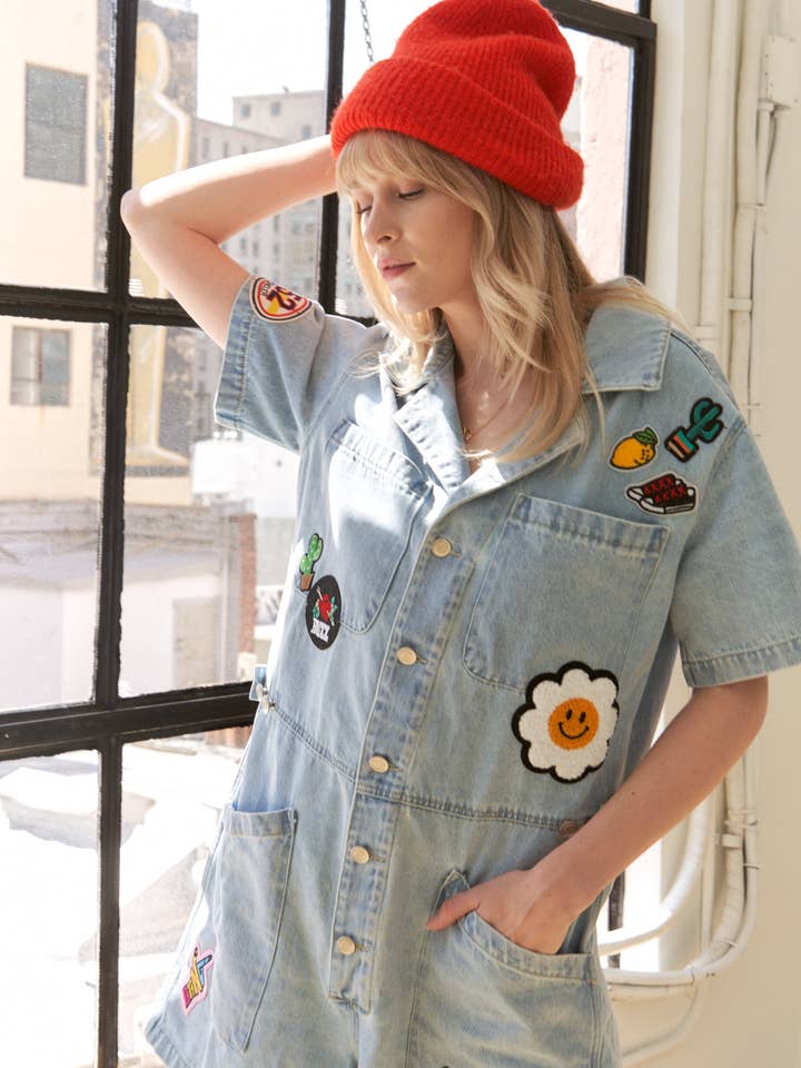 WASHED SHORT SLEEVE BUTTON DOWN ROMPER WITH PATCHWORK for wholesale by JADE BY JANE