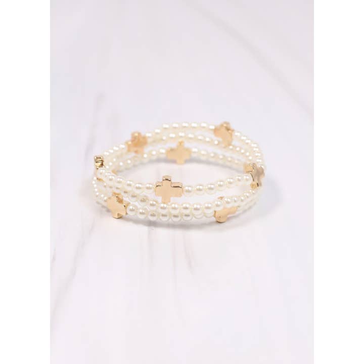 Caroline Hill - Wholesale Jewelry Set - Meynell Cross Pearl Bracelet Set CREAM