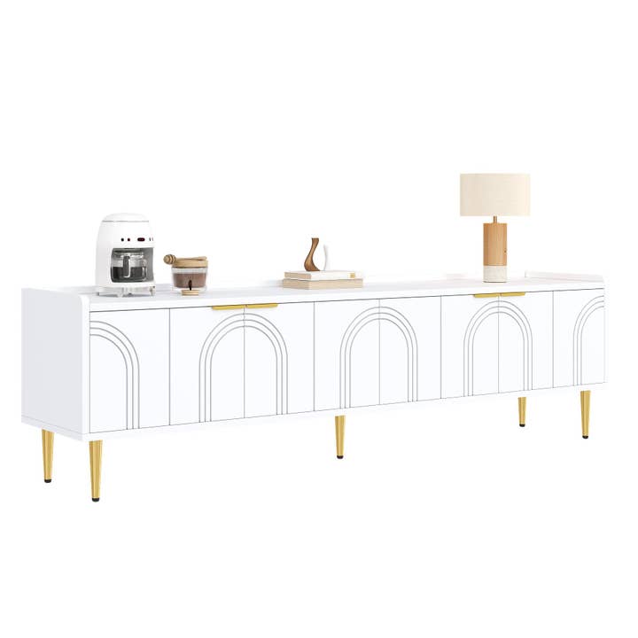 Meuble TV bas blanc 170 cm poignées et pieds dorés style moderne et élégant RANGELANDGLUME pour la vente par Urban Meuble
