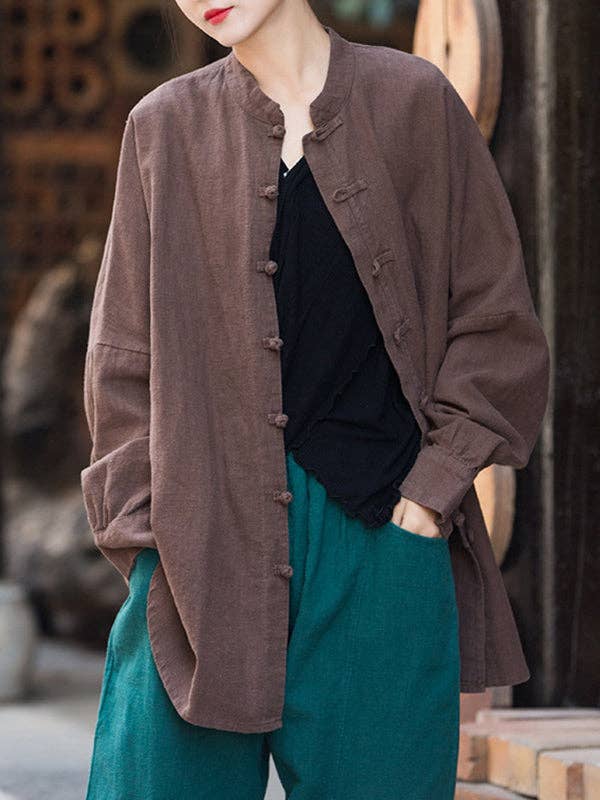 UZ Wholesale Store - Vente Chemise à col boutonné – femme - Blouses amples à manches chauve-souris chinoises à boutons grenouilles plissés de couleur unie et à col montant9